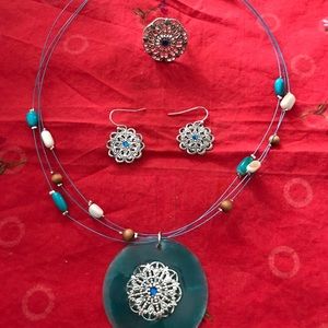 Teal Wire Necklace & Earrings Set